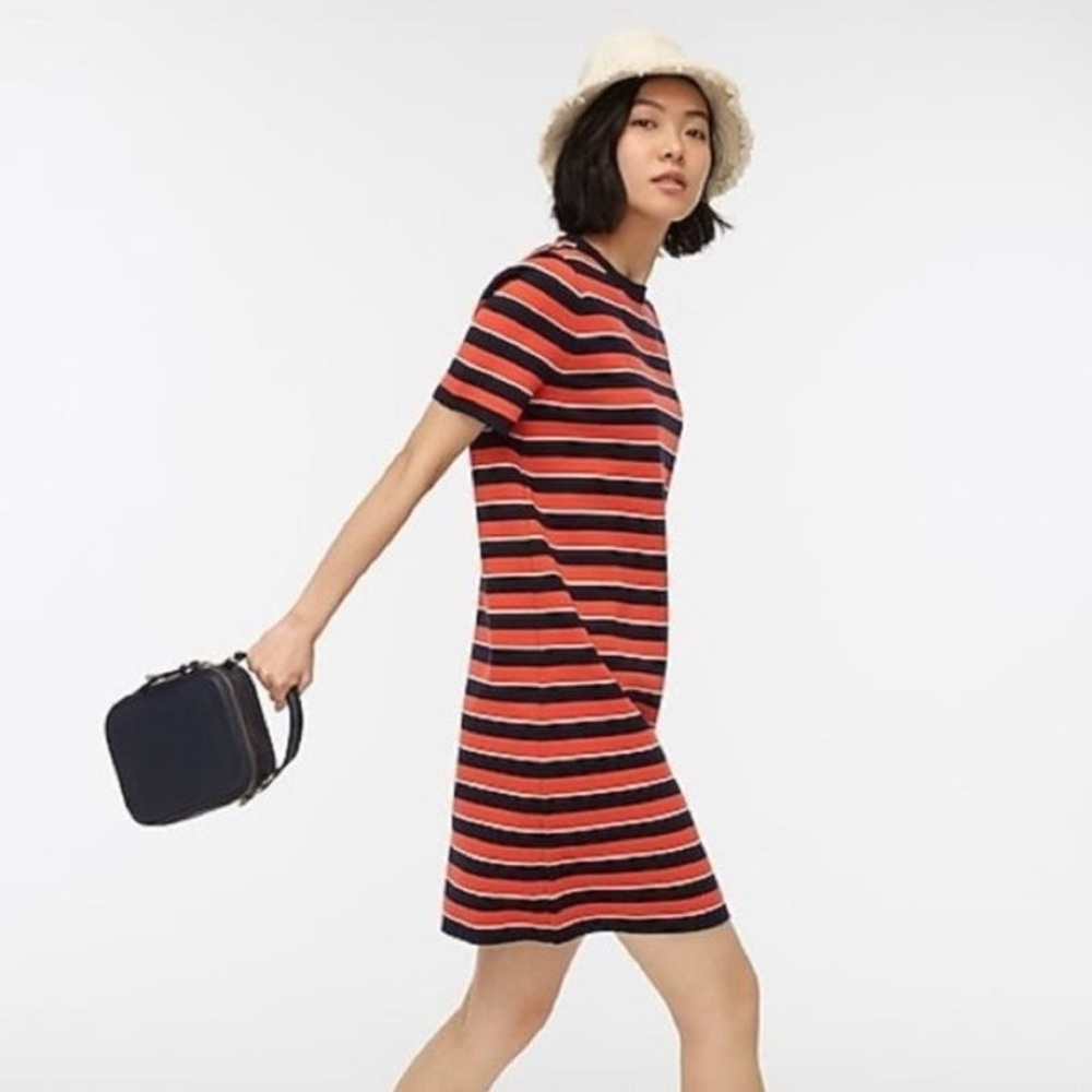 J.CREW Short Sleeve Sweater Dress Striped
Merino Wool Blue Orange sz S new